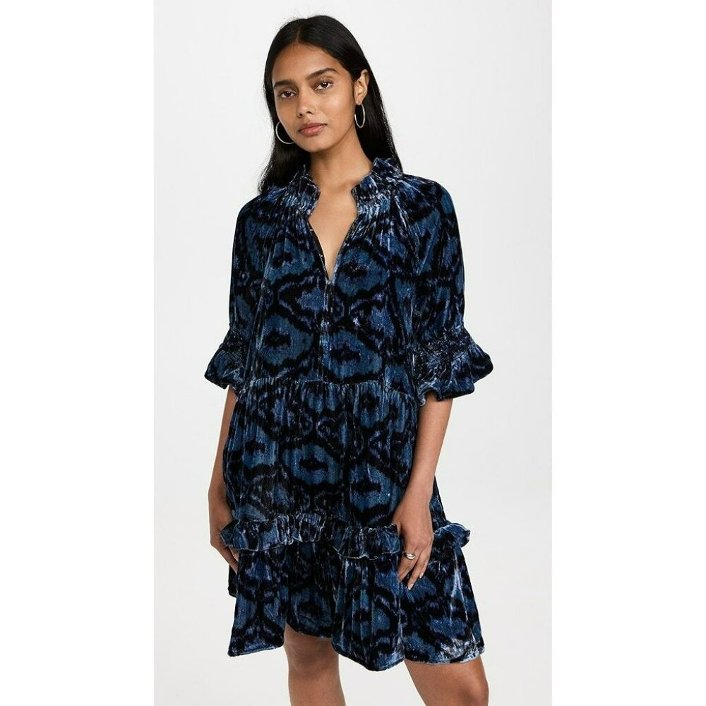 NEW Figue Navy Blue Velvet Burnout Boho Print Romantic Whimsigoth Mini Dress - Picture 4 of 11